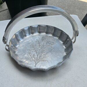Vintage Continental Hand-Wrought Hammered Aluminum Basket Chrysanthemum. GUC